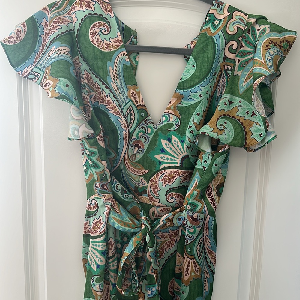 Zara green silk pant romper with tie belt
